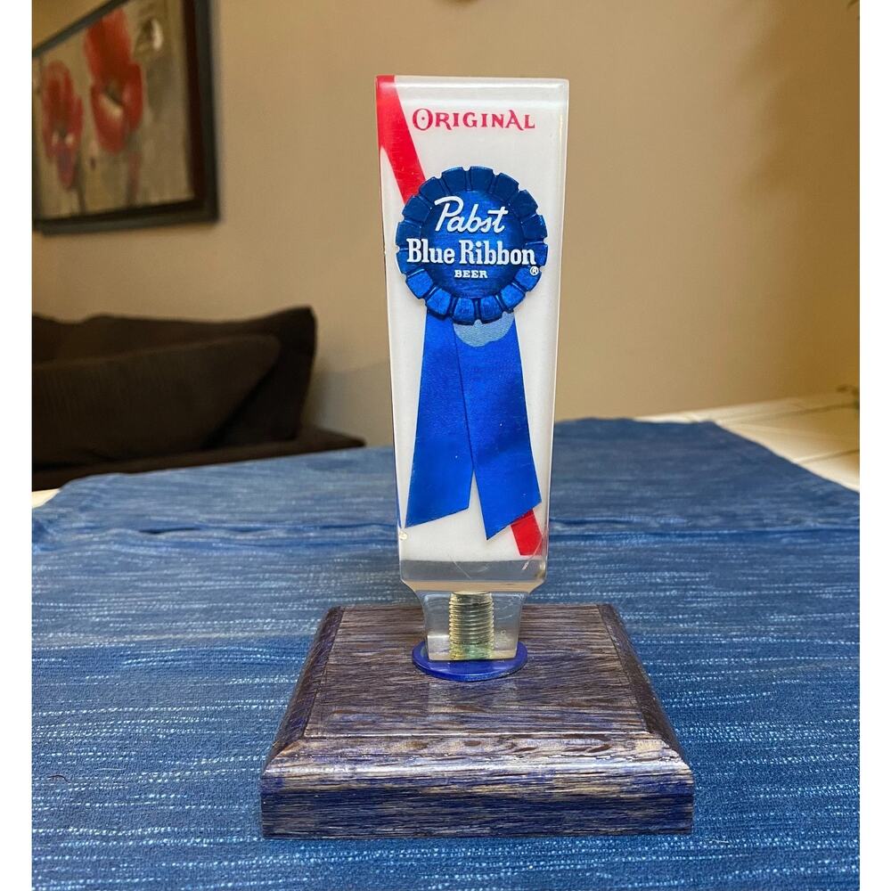 Vtg Pabst Blue Ribbon Lucite Beer Tap Handle Wood Mounted Advertising 6" 49B